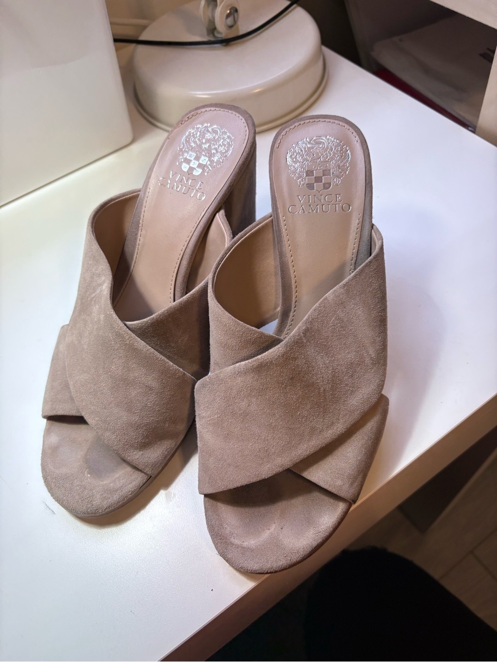 Vince Camuto Taupe Suede Crisscross Mule Sandals